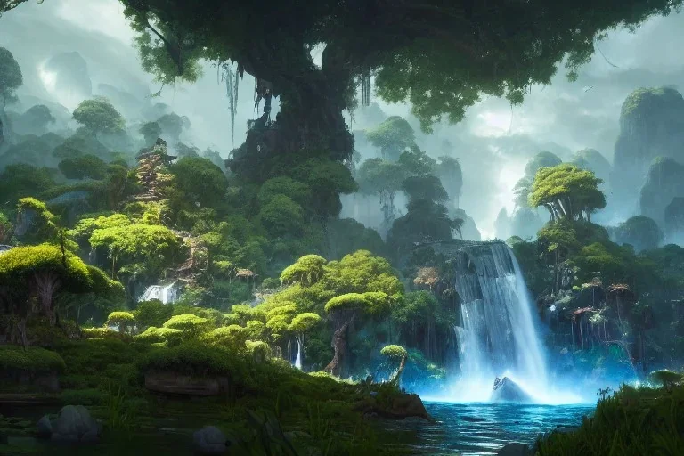 Art by Dylan cole and Eddie mendoza, Avatar concept art, pandora, hovering island with waterfall, landscape, ultra-wide angle, ultra realistic, digital painting, unreal engine 5, 8 k uhd, volumetric lighting, beautiful, sharp focus, ultra detailed, concept art, studio quality