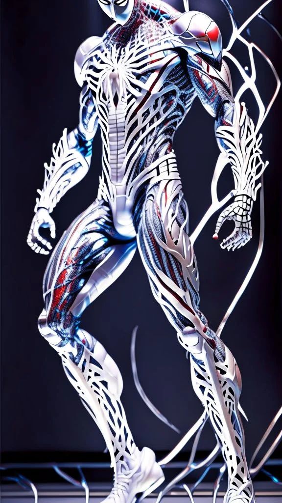 Arte lineal Spiderman cyborg de pie, full body calidad ultra, hiperdetallado, maximalista, color blanco, increíble obra de arte piernas completas pies completos