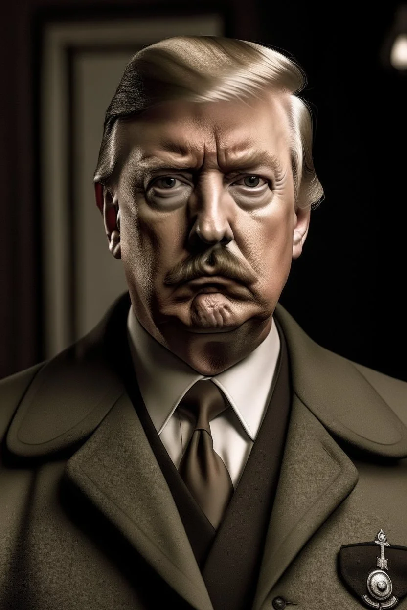 trump standing with a hitler mustache