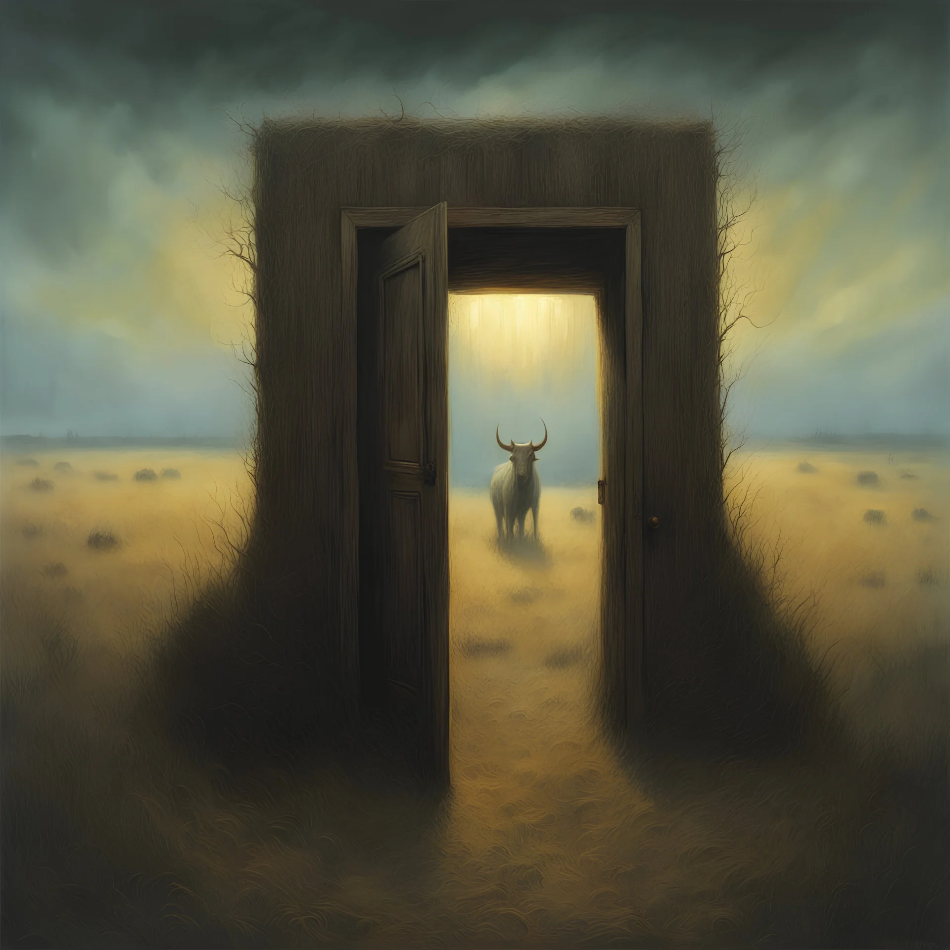 High concept art, horror movie aesthetic, by Zdzislaw Beksinski and Gabriel Pacheco, fine matte oil painting, in an empty field of knee-high grass is a wooden doorway revealing a portal of brilliant light, guarding doorway is a fearsome minitour holding an axe who has a television set on his head broadcasting a picture of a bull head, sinister, concept art, oddball masterpiece, sfumato, complex contrast,