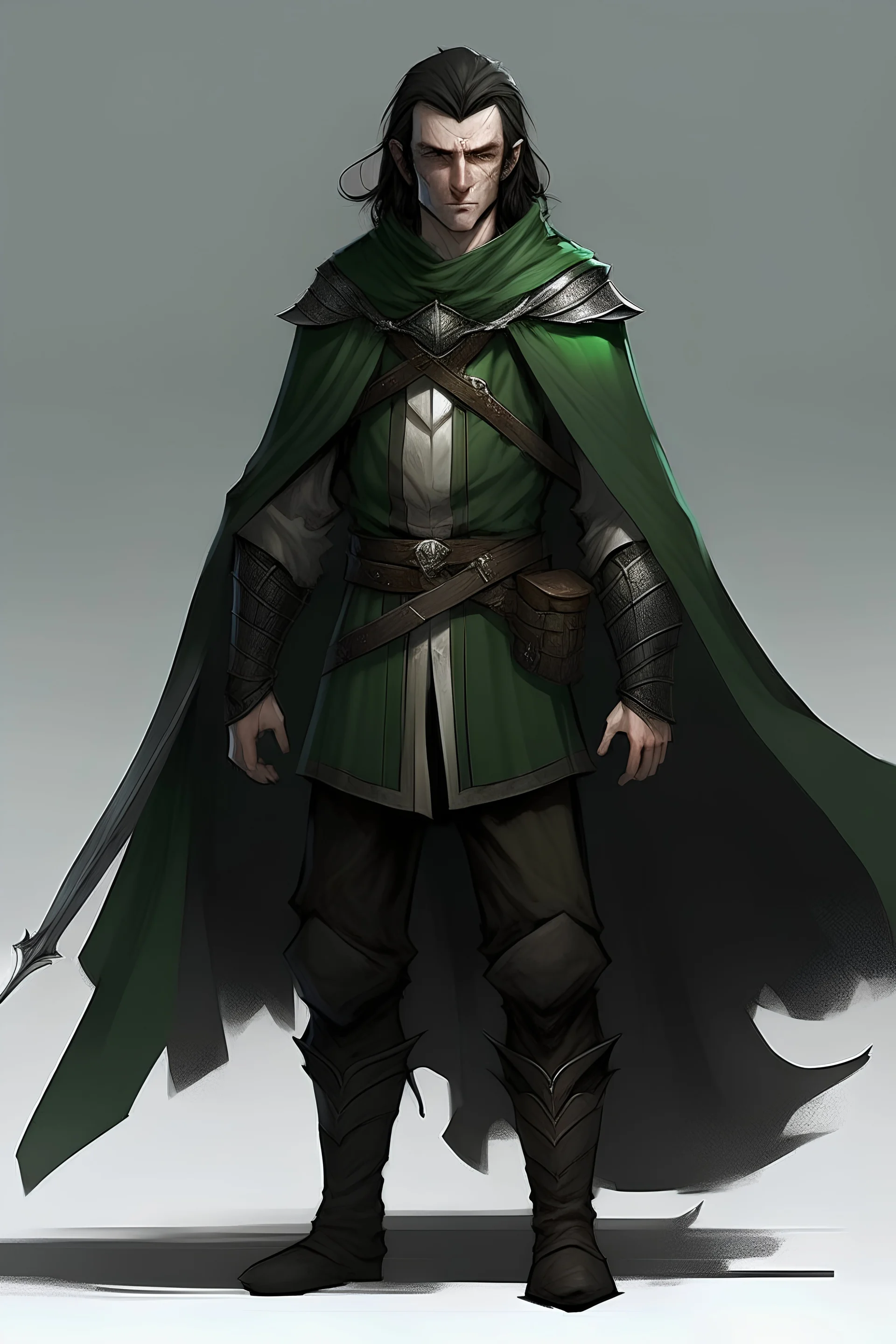 male wood elf. scale mail. Hooded. Copper skin. Long black hair. Green eyes. Slender. Black boots. Bow.