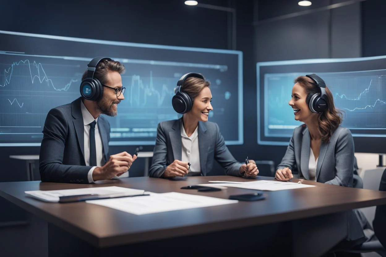 A podcast scene featuring a man and a woman engaged in a lively discussion about AI in finance. The setting is a modern studio with microphones and headphones. The backdrop showcases elements related to finance and technology, such as charts and digital interfaces. The atmosphere is professional yet friendly, reflecting a workshop vibe