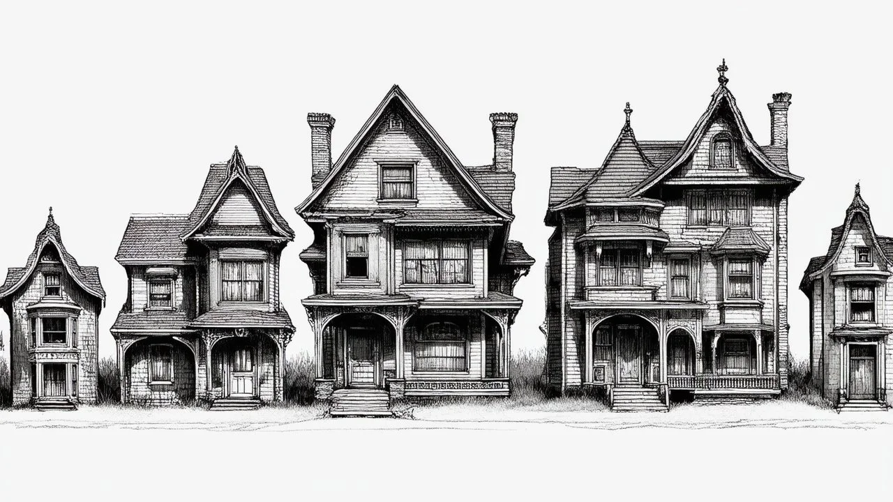 A technical front view pencil drawing of a row of neglected fantasy houses of different heights.