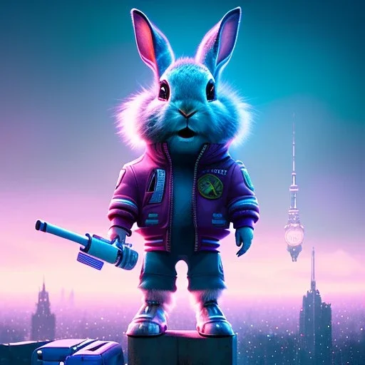 pixar style anamorphic cute cyberpunk rabbit baby, smiling, full body, magenta puffer jacket, manila city backdrop, hyper realistic, unreal engine 5, 16k,cinematic background