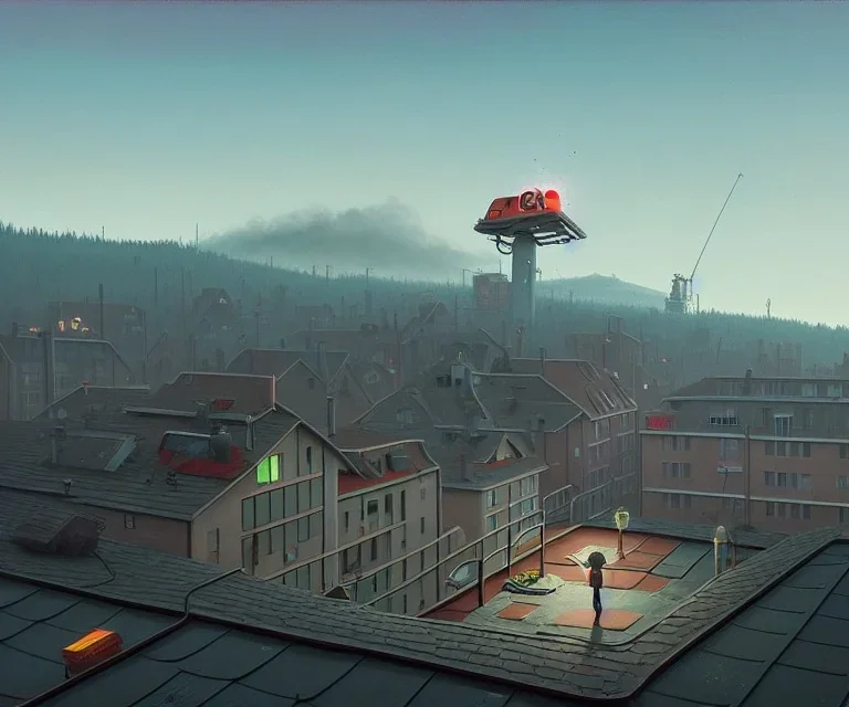 Roof tops in love, kissing discreetly, simon stalenhag