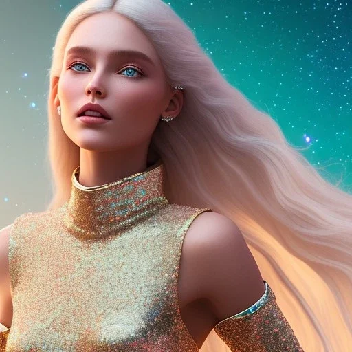  full body white woman glitter smiling long blond hair blue eyes in a galactic ambiance, delicate colors in the foreground, full of details, smooth, light effect，vaporwave colorful, smooth, extremely sharp detail, finely tuned detail, ultra high definition, 8 k, ultra sharp focus