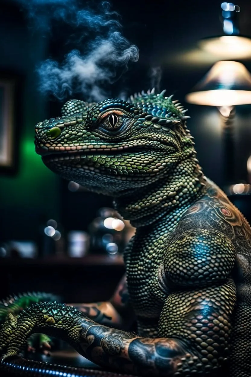 lizard spaceman with tattoo of a human, scary tattooist in high end parlor, smoke, mist, lightrays, depth of field, photography