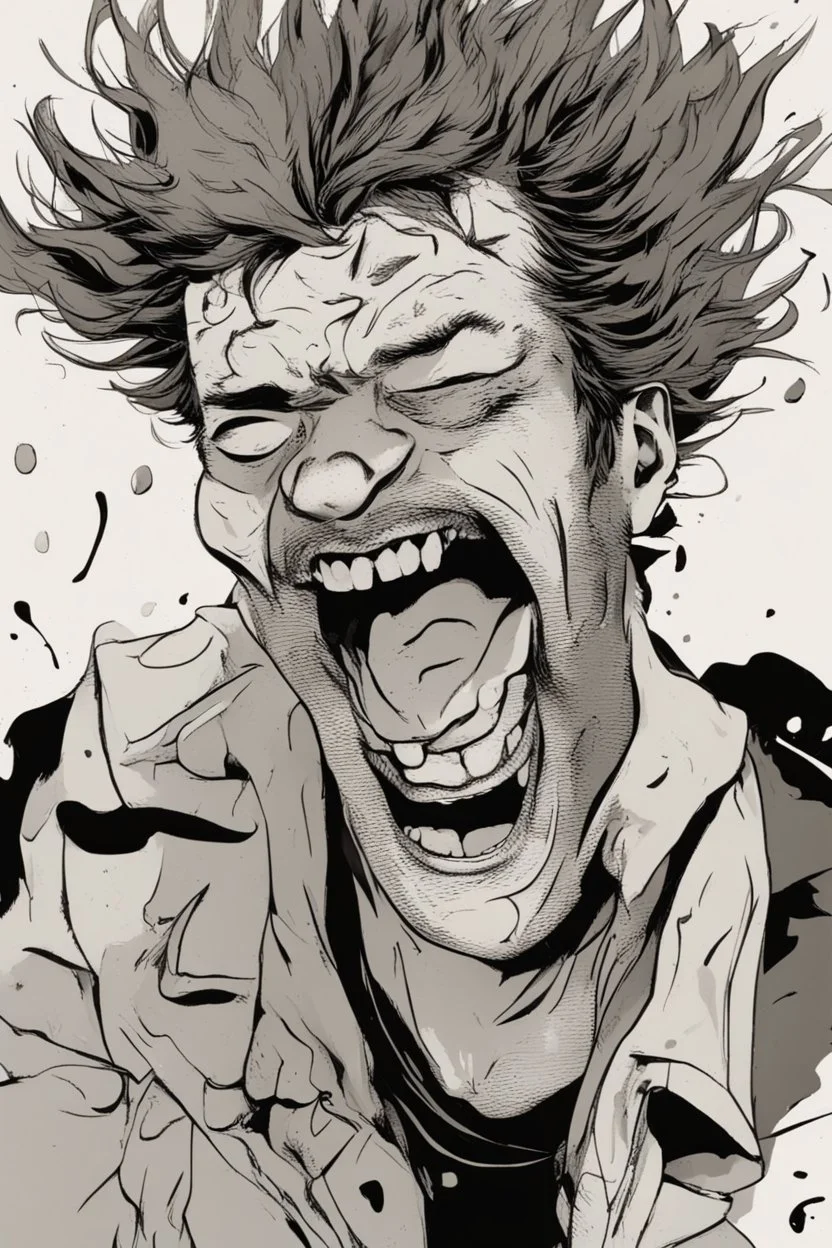 deranged laughing man with messy hair and stubble