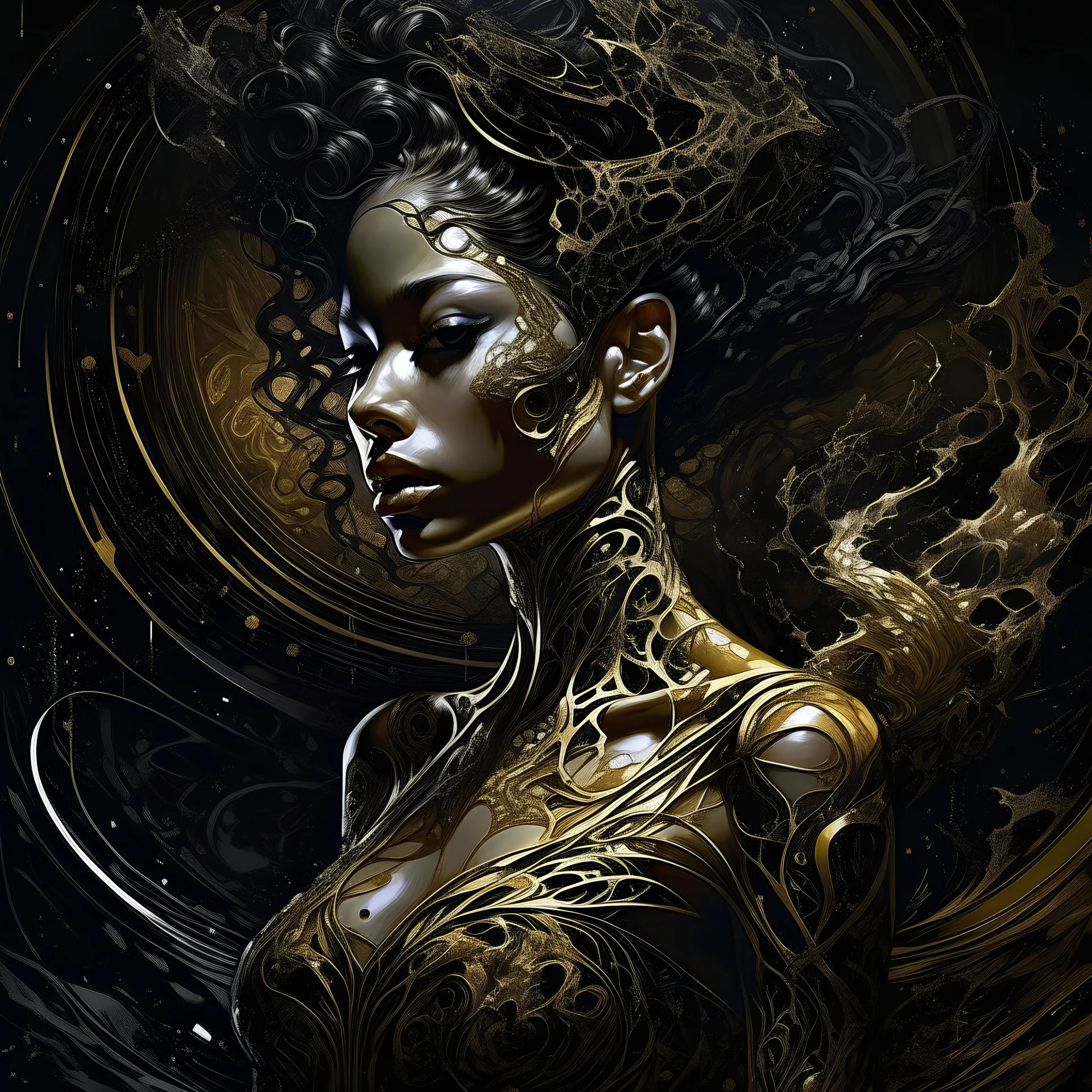 beautiful brazilian woman, Black ink flow, 8k resolution, photorealistic masterpiece by Aaron Horkey and Jeremy Mann, intricately detailed fluid gouache painting by Jean Baptiste, professional photography, natural lighting, volumetric lighting, maximalist, 8k resolution, concept art, intricately detailed, complex, elegant, expansive, fantastical, cover, brass and chrome tones