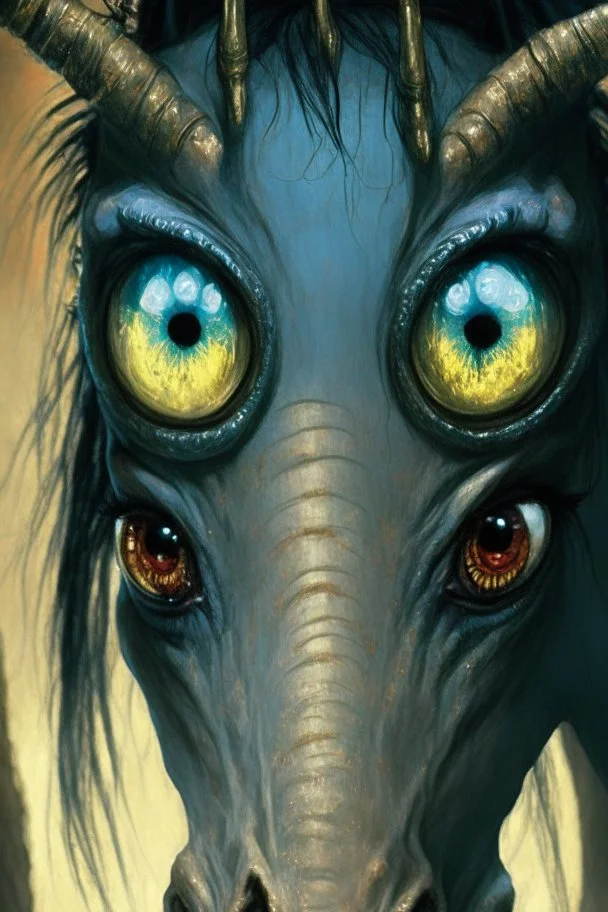 Demon Horse alien ,cute, big eyes, reflection in eyes, magical,whole body, Art by Norman Rockwell, digital art, trending on artstation, high contrast, deep color, magical, beautiful