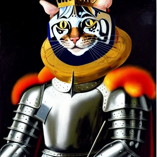 oil painting of a beautiful symmetrical cat with armor,wearing crown, Riding a black Tiger, XV century, by El Bosco, Leonardo da Vinci, Goya 8k