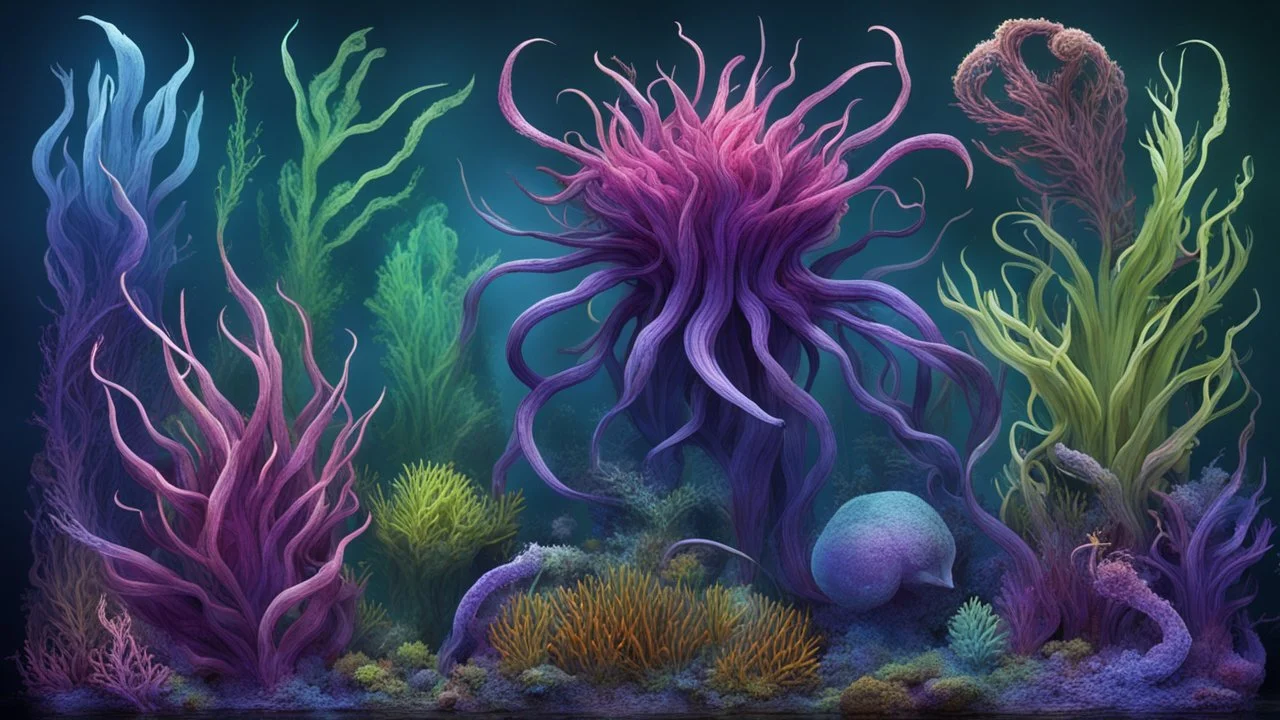 biom creatures, plants from subanautica from deep sea, leviathan's a lot of sea plants very deep, beautiful, river of magma, green and blue, purple