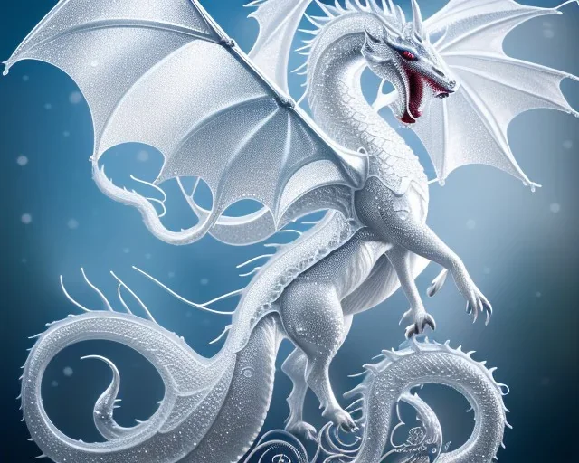 mdjrny-v4 style, a white dragon with fairy-like transparent glowing and sparkly wings standing in snow, full body, silver and teal background, glowing soft and smooth wings, realistic, highly detailed intricately detailed, shiny snowy background, soft studio lighting, trending on artstation, by artist "Julie Bell", by artist "Greg Rutkowski"