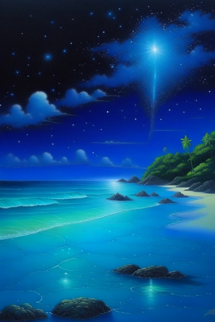 The beach of the island of Leela its waters are full of blue stars illuminated by blue light Oil painting