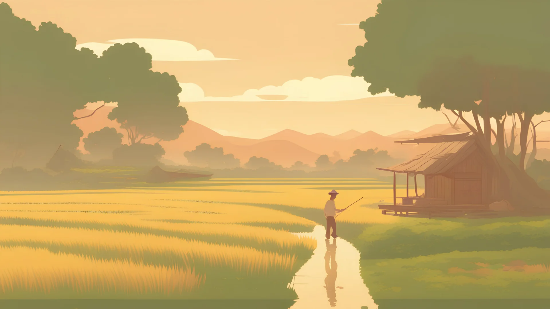 Rice field，Trees，Warm color palette，Animation，A lovely grasshopper，People who work