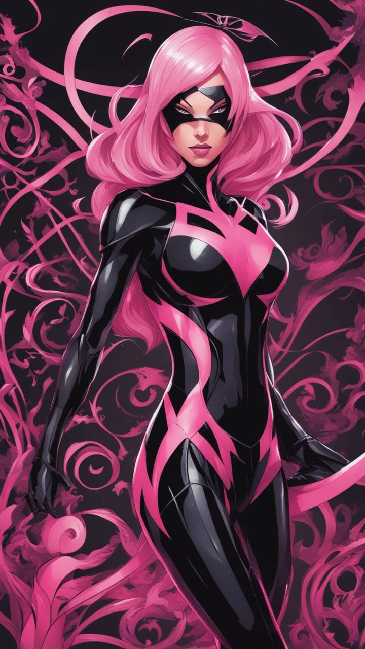 A close picture to Mix between gwenpool and symbiote, symbiote venom in background, pink and black custom, intricate details, highly detailedin in solo leveling shadow art style