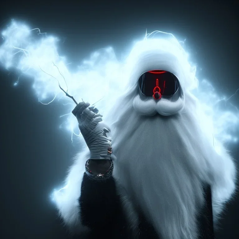 All Black Santa, ghost, wearing high tech mask, white smoke, dark, rage, high definition, ultra 8 k, volumetric lighting, blue fire, fog red rain