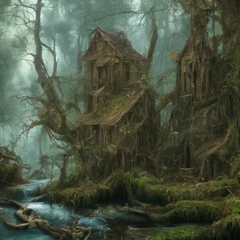 goddess athena abandoned, between moutain, swamp, water, glass, fog, highly realistic, highly detailed, intricate, 8k