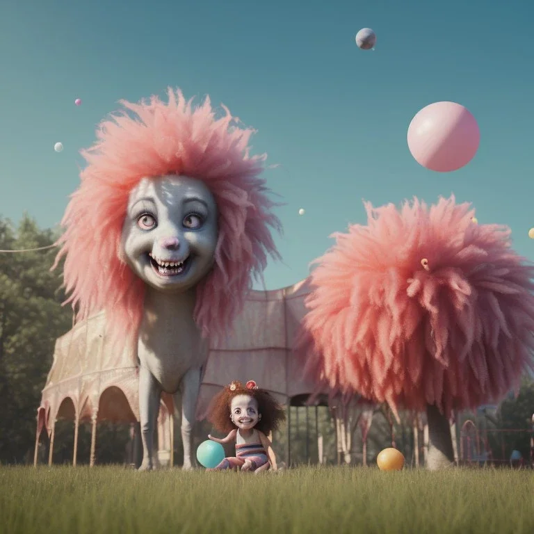 Ultra realistic circus scene. Sweet big hair monster. Child’s playing, smile, happy, color bubbles, smooth color, waist up view, Wes Anderson style, dark ambient, highly detailed, concept art, unreal engine 5, god rays, ray tracing, RTX, lumen lighting, ultra detail, volumetric lighting, 3d, finely drawn, high definition, high resolution.