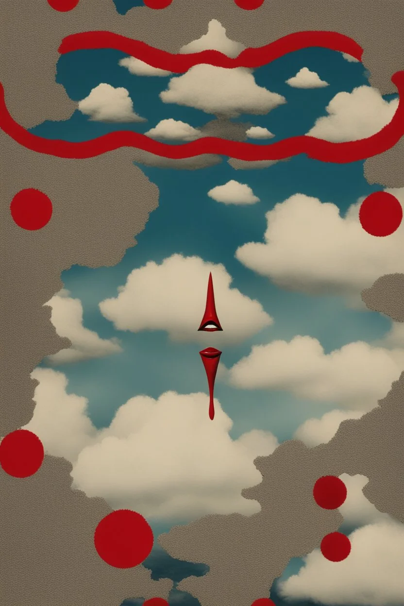 cloud in blue sky, a red lip, collage art, dreamy objects, surreal, criterion collection, showa era, intricate details, mirror modern