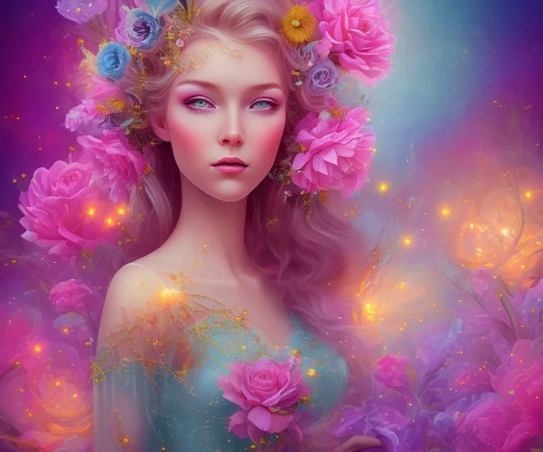 beautiful bright fairy portrait in a pink,blue, yellow flowers background