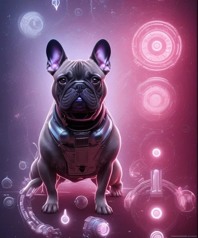 ! dream symmetry!! portrait of a french bulldog, sci - fi, tech wear, glowing lights!! intricate, elegant, highly detailed, digital painting, artstation, concept art, smooth, sharp focus, illustration, art by artgerm and greg rutkowski and alphonse mucha