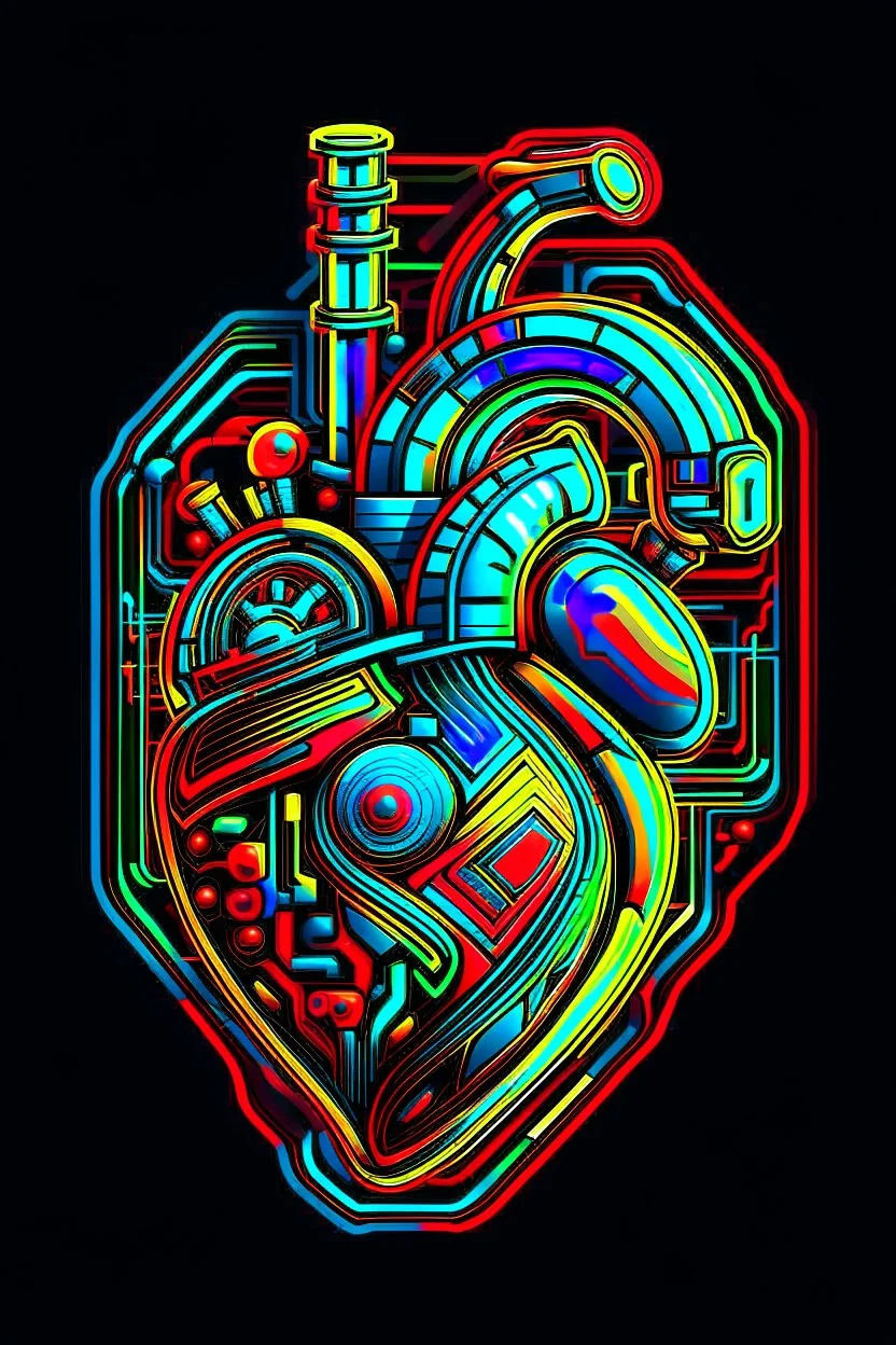 FLAT VECTOR LAYERED 2-D MULTICOLORED COMPLIMENTARY NEON MECHANICAL HUMAN HEART, METALLIC,