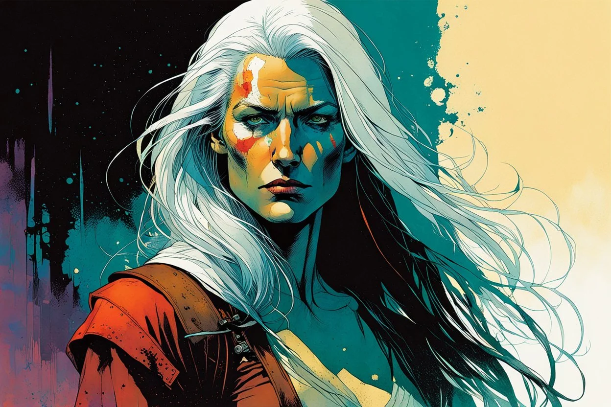 create an imaginative full body print illustration of an ethereal, otherworldly haggard and grim female Witcher , in the comic book art style of Bill Sienkiewicz, Mike Mignola, and Jean Giraud Moebius, with highly detailed feminine facial features , finely drawn, colored and inked,