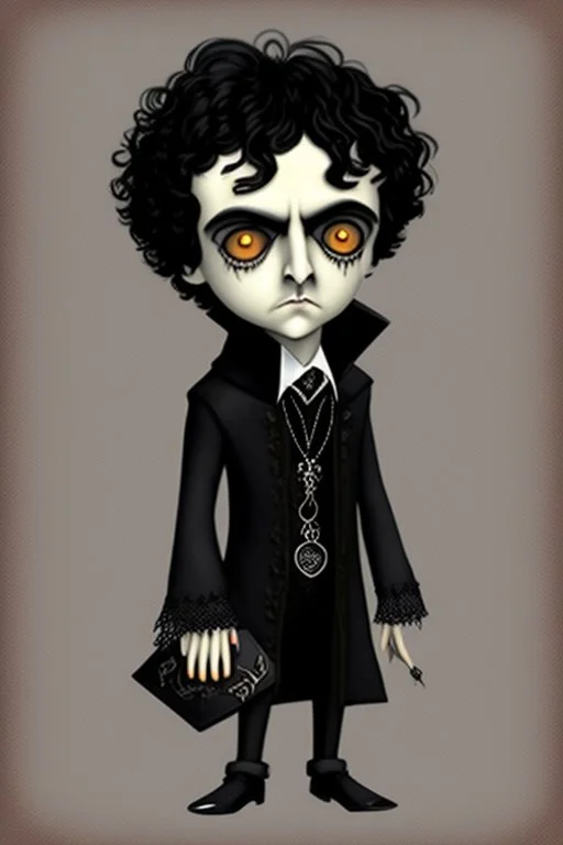 black haired black eyed young man necromancer wizard Gnome that looks like a young Edgar Allan Poe with gothic jewelry in the style of Charles Addams