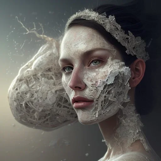 half bride's face, half male face, broken, cracked-open, fine detail, highly intricate, bridal veil, modern surrealism painting, identity crisis, high-quality, volumetric lighting, 8k, ultrahd, George Grie, Marco Escobedo, Igor Morski