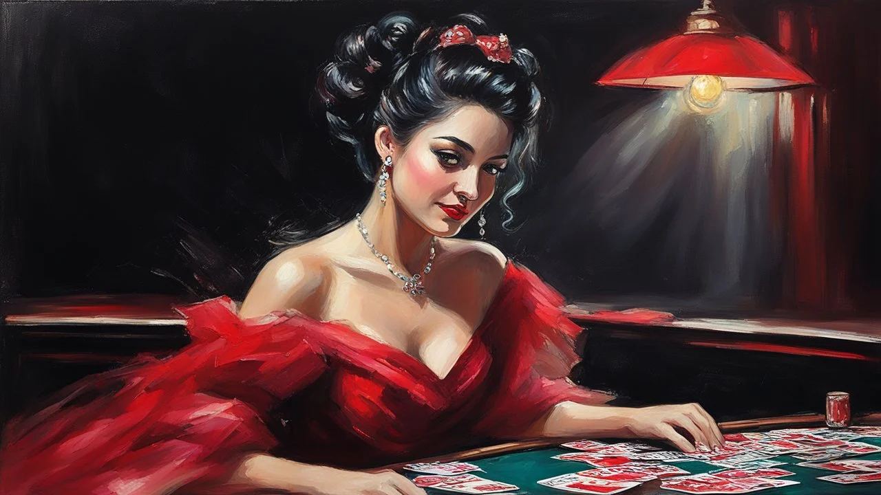 impressionist oil painting smooth brush strokes "head and shoulder" beautiful woman sitting at poker table elegant red tulle and shiny dress, red jewelry black hair in a bun, big hanging curls, slight smile, eyes downcast, long eyelashes cards in hand dark background other small cards flying around her some deteriorating grainy noise falling particles, backlight