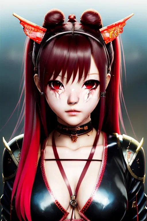 Detailed cute anime Kunoichi girl with dragon tail, blood red hair buns, bangs, black latex bodysuit, intricate details, full body portrait, keep head in frame, slight smile, black Japanese motif, concept art, highly detailed, digital painting, concept art, sharp focus, illustration, art by Yoji Shinkawa, WLOP and greg rutkowski and alphonse mucha and artgerm and yanjun Chen and Junji ito and Makoto Shinkai, HDR, octane render