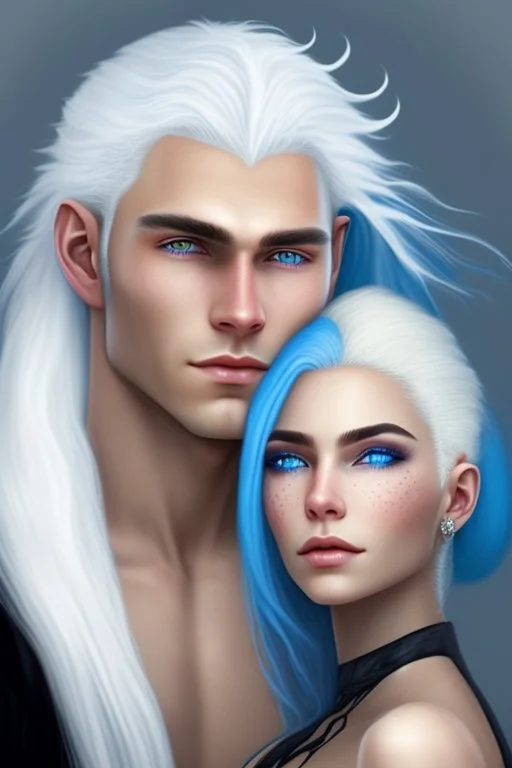 A beautiful young woman with white hair and blue eyes, her arms pinned above her head by a man with very long black hair.