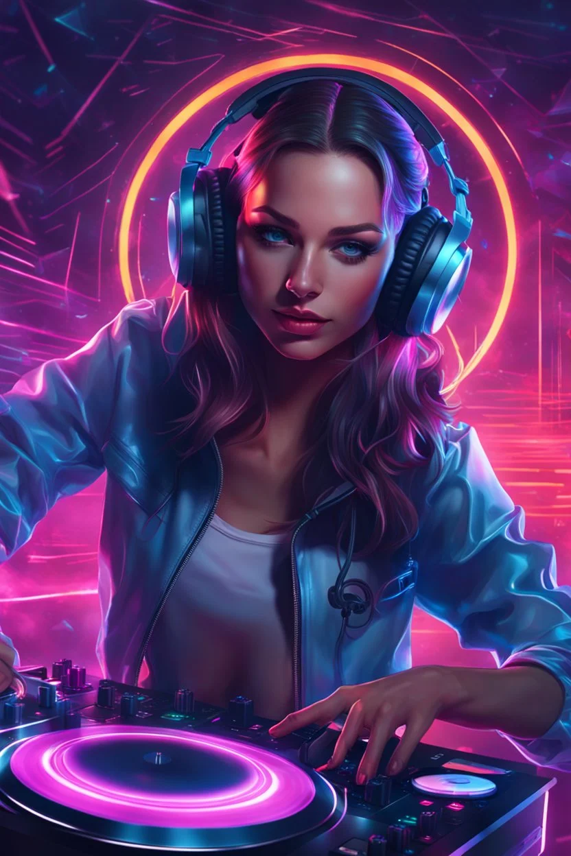 a woman with headphones playing music on a turntable, dj rave party, album art for a trance dj, synthwave image, headphones dj rave, girl wearing headphones, dj, wonderfull techno party, cgsociety 9, trending digital art, edm, beauty woman in holograms, dj at a party, 3d digital art 4k, dance music show