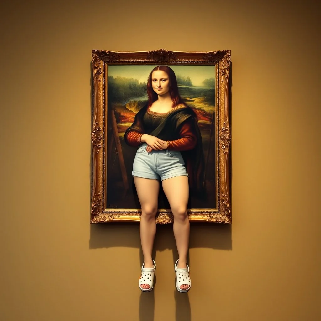 A painting of Mona Lisa on the wall, the frame with shorts and Crocs attached to her human legs