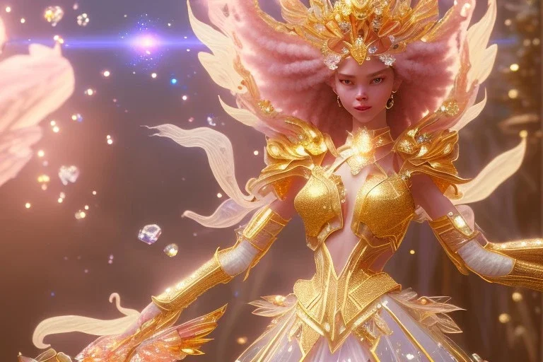 very beautiful crystal and gold goddess in a galactic ambiance, nice smiling, transparent petals, delicate colors, full of details, smooth, bright sunshine，soft light atmosphere, light effect，vaporwave colorful, concept art, smooth, extremely sharp detail, finely tuned detail, ultra high definition, 8 k, unreal engine 5, ultra sharp focus