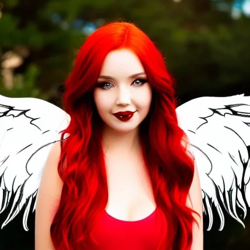 Imagem do corpo de um anjo de cabelo vermelhos e assas negras
