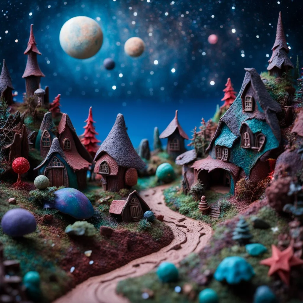 Detailed creepy landscape made of modeling clay, fairy tale, people, village, stars and planets, Roger Dean, naïve, Tim Burton, strong texture, Ernst Haekel, extreme detail, Max Ernst, decal, rich moody colors, sparkles, bokeh