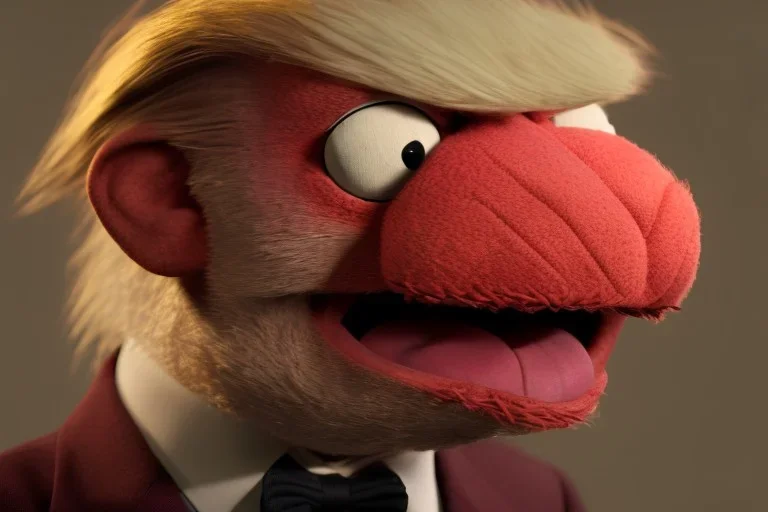 Angry muppet trump in suit, no tongue, looking forward, face