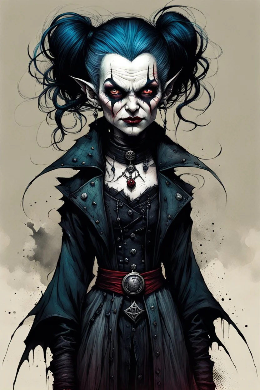 create a highly ethereal, darkly magical full body portrait illustration of a ragged malevolent aged female goth vampire , with highly detailed and deeply cut facial features, in the the style of JEAN-BAPTISTE MONGE and BILL SIENKIEWICZ, searing lines and forceful strokes, precisely drawn, boldly inked, with vibrant colors