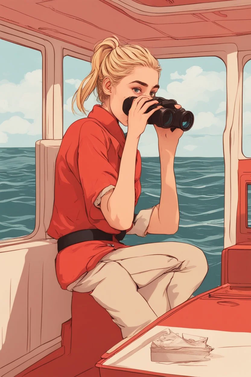 23 years old girl, with blond hair and a messy bun. standing on in a red boat, wearing red clothes and looking trough binoculars watching something in the middle of the sea. You see the whole boat. You see the gril in front. It's a ferry. Wes anderson style. In front. Sarcastic vibe