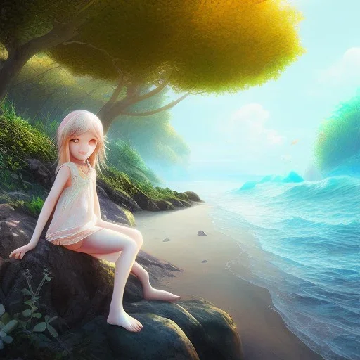 Little girl day, sunny, relaxing, sea, trees, real details anime style, realistic, glowing beach