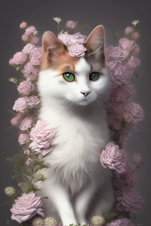 Victorian cat with white flowers, in the style of Camilla d'Errico, hyper detailed, beautiful, complex, trending on artstation, cinema4d, cryengine, national geographic photo, chiaroscuro