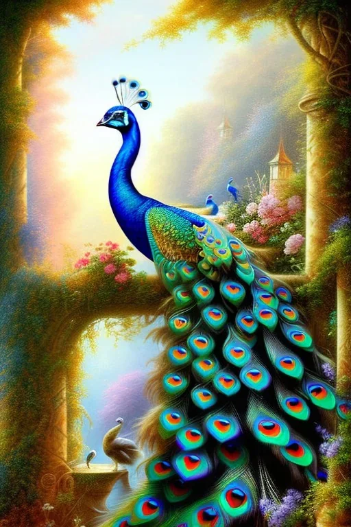 beautiful peacock, jungle, mystical, dreamlike, Neo-Impressionism, fine detail, high quality,