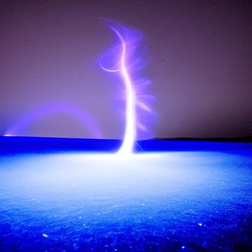 Icy Bright blue light painting at night of Electron Storm in the shape of vertigo kissing in the sky
