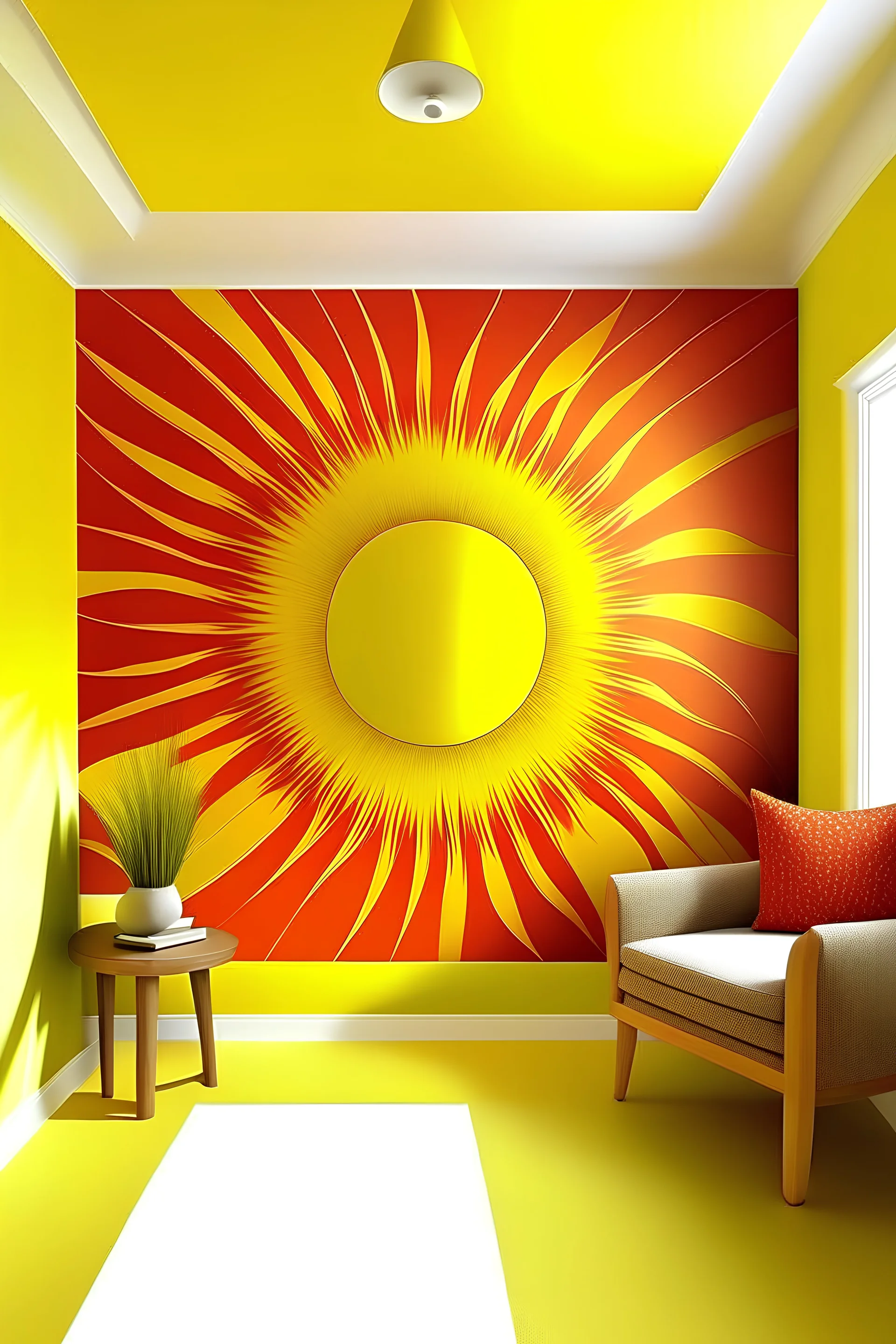 Create handpainted wall murals by Arrange circles in a radiating pattern to create a sunburst effect. Use warm, fiery tones to infuse the space with energy and vibrancy. Color Palette: Sunflower yellow, fiery orange, warm red, goldenrod.