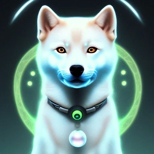 albino shiba inu with bioluminescent floating orbs of light