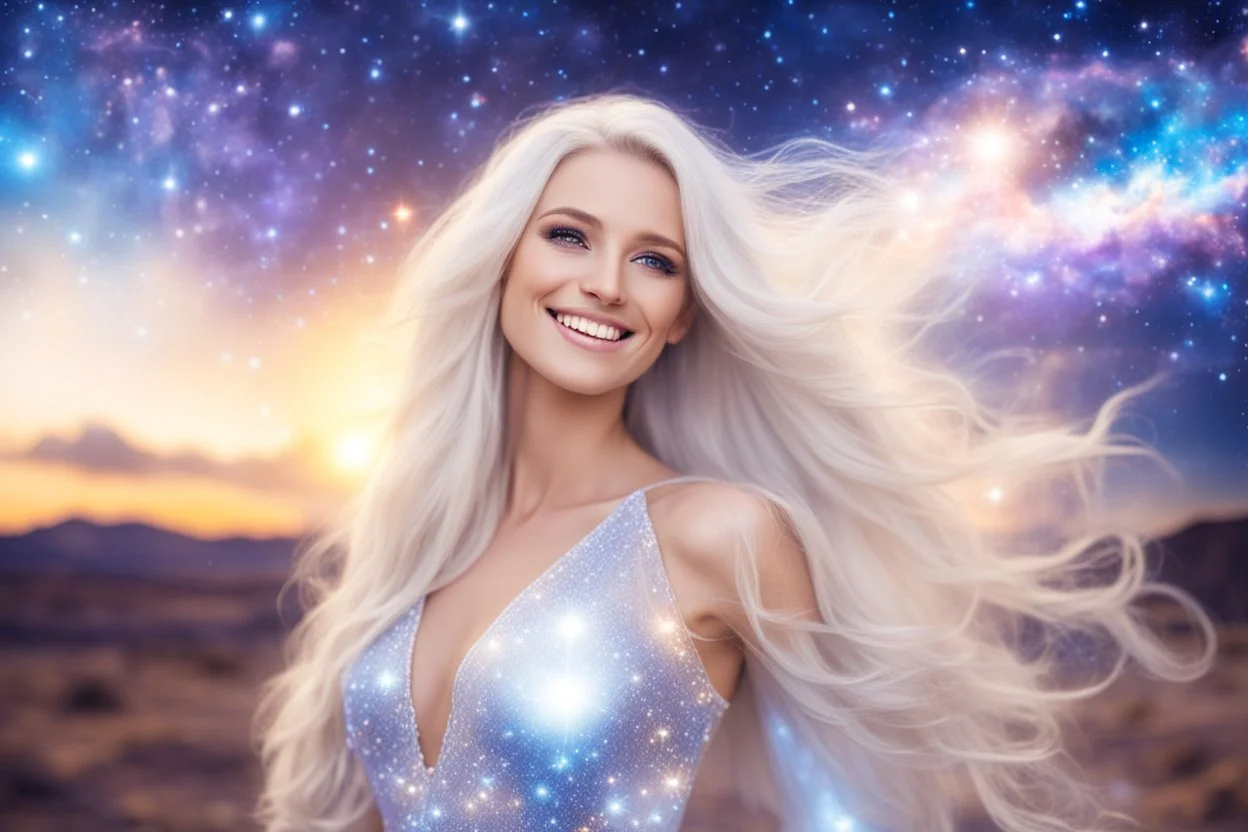 very beautiful cosmic women with white long hair, smiling, with cosmic dress and in the background there is a bautiful sky with stars and light beam