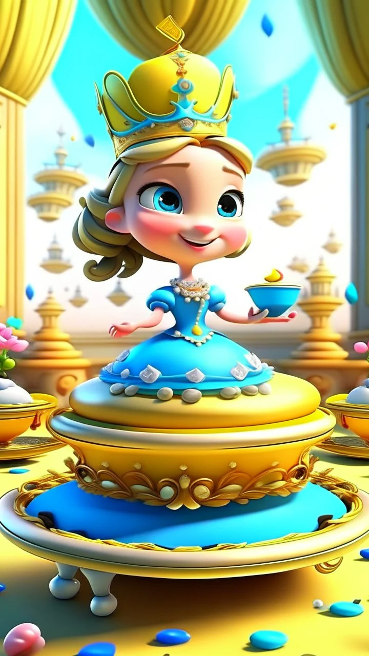 The cakes are baking, sweet scents fill the air, Teacups aligned with precision and care. The invitations sent, like birds on the wing, Spreading the news of the royal gathering. , cartoon,3D