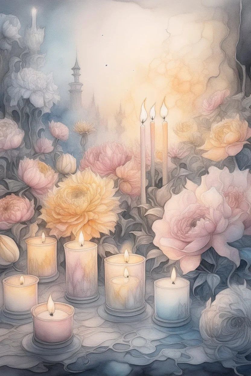 Watercolor, color, flowers, candles, purification from ghosts, subtle black ink drawing, several landscapes, collage, fog, many details,delicate sensuality, realistic, high quality,3d, work of art, hyperdetalization, professionally, filigree, hazy haze, hyperrealism, professionally, transparent, delicate pastel tones, backlight from behind, contrast, fantastic, fabulous, unreal, translucent, glowing,clear lines, horror,epic, hyperrealism.